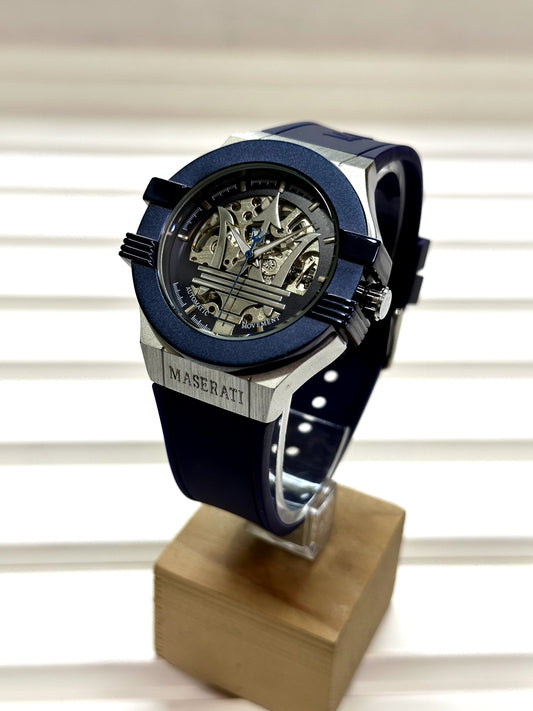 Maserati Automatic Skeleton Dial Watch – Blue Bezel & Silicone Strap