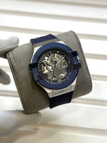 Maserati Automatic Skeleton Dial Watch – Blue Bezel & Silicone Strap